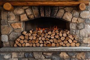 Cozy stone fireplace with neatly stacked firewood and glowing flames in a rustic setting photo
