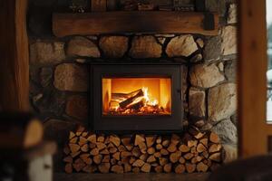 Cozy fireplace with stacked logs in a rustic cabin during winter evenings photo