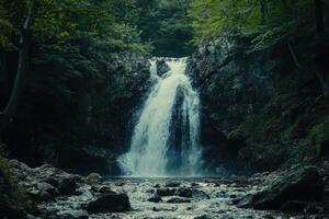 A serene waterfall cascading over rocks in a lush green forest during daytime in summer photo