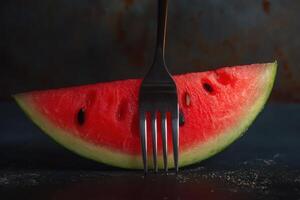 Fresh watermelon slice with fork resting on dark textured surface during daylight photo