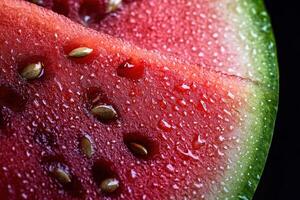 Freshly cut watermelon showing glistening texture and vibrant colors on a black background photo