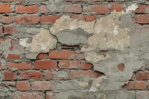 Weathered brick wall with peeling plaster revealing original red bricks and cement mortar texture photo