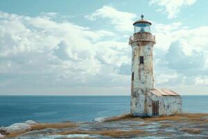 Old lighthouse on rocky coastline under a cloudy sky by the sea at midday photo