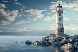 Light shines brightly from an isolated lighthouse on rocky shores at dawn near tranquil waters photo