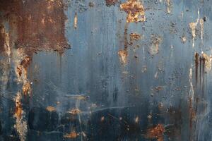 Weathered blue metal surface with rust spots and peeling paint in an urban environment photo