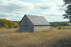 A solitary stone building stands amidst golden grass in a rural landscape during autumn photo