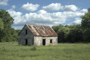 Abandoned stone house surrounded by lush green grass under a cloudy sky in the countryside photo