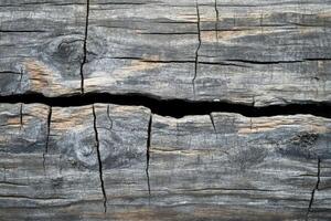 Close-up of weathered wood with deep cracks showing texture and natural aging characteristics photo