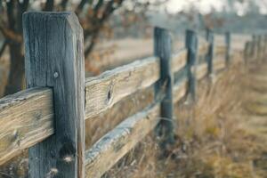 Wooden fence line in a grassy field on a calm autumn afternoon near the woods photo