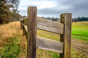 Weathered wooden fence lines a grassy field under an overcast sky in the countryside photo