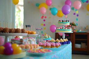 Colorful dessert table at a birthday celebration with balloons and party decorations photo