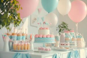 Delightful pastel-themed dessert table decorated for a joyful birthday celebration in a bright space photo