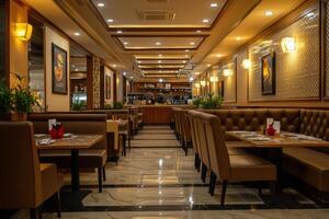 Cozy restaurant interior with elegant seating and warm lighting during evening hours photo