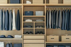 Organized closet with neatly arranged clothes, shoes, and storage baskets in a modern style photo