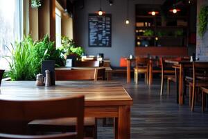 A quiet corner in a cozy restaurant with wooden tables and lush greenery on a sunny afternoon photo