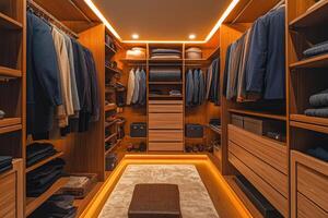 Modern walk-in closet featuring organized shelves, tailored suits, and elegant lighting design photo