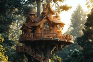 Enchanting wooden treehouse nestled among tall trees in a serene forest during golden hour photo
