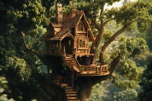 A whimsical treehouse nestled among lush green trees in a serene forest setting at golden hour photo