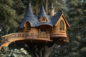 Enchanted treehouse nestled among towering trees in a lush forest during golden hour photo