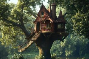 Enchanting treehouse nestled among lush green trees near a tranquil river at sunrise photo