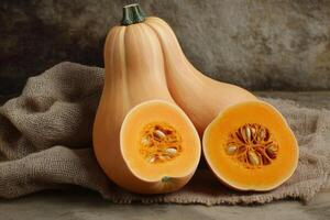 Fresh butternut squash cut in half on a burlap cloth, showcasing vibrant orange flesh and seeds photo