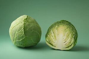 Fresh green cabbage head and halved cabbage on teal background displayed for a healthy recipe photo