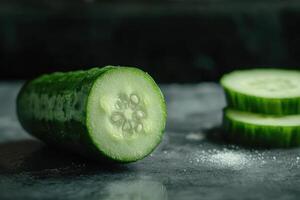 Freshly sliced cucumber resting on a dark countertop, showcasing its vibrant green interior photo