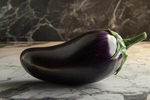 Fresh eggplant resting on a marble surface with a dark background and natural lighting photo