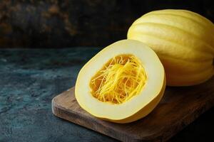 Freshly sliced spaghetti squash on a wooden cutting board showcasing its vibrant interior photo