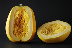 Freshly cut spaghetti squash showcasing its unique fibrous texture against a dark background photo