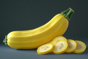 Fresh yellow squash with slices displayed on a gray background highlighting its texture and shape photo