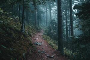 Misty forest trail winding through tall trees with rocky pathway during early morning hours photo
