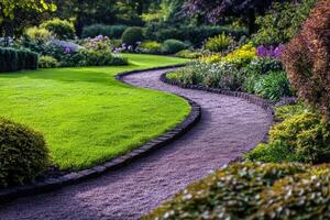 A curved pathway through a lush garden filled with colorful flowers on a sunny day photo