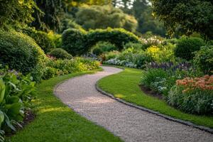 A winding garden path surrounded by vibrant flowers and lush greenery in summer photo