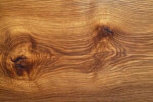 Natural wood texture showcasing rich grain patterns and knots in warm brown tones photo