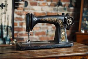 Vintage sewing machine rests on a wooden table against a rustic brick wall interior photo