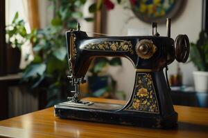 Vintage sewing machine displayed on a table surrounded by plants in a cozy indoor setting photo