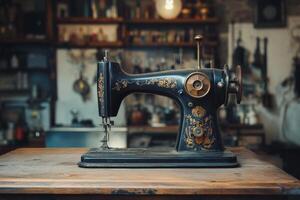 Vintage sewing machine on a wooden table in a cozy workshop filled with craft supplies photo