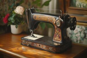 Antique sewing machine on a wooden table surrounded by decorative flowers in a bright room photo