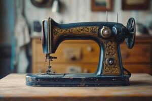 Antique sewing machine with intricate design in a vintage workshop setting photo