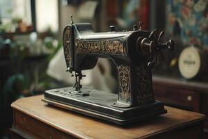 Antique sewing machine on display in a cozy, vintage-inspired workspace during daylight hours photo