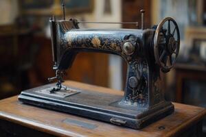 Antique sewing machine with intricate designs displayed on a wooden table in a vintage shop setting photo