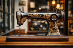 Antique sewing machine showcasing vintage craftsmanship in a cozy shop setting photo