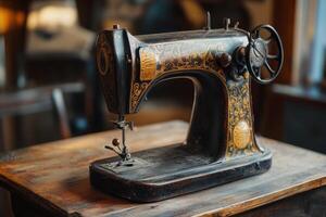 Antique sewing machine displayed in a cozy craft shop during daylight hours photo