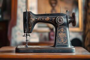 Vintage sewing machine on a wooden table in a cozy, decorated room with artistic details photo