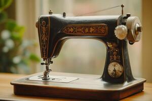 Vintage sewing machine displayed on a wooden table with plants in the background during daylight photo