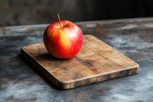 A ripe red apple sits on a rustic wooden cutting board against a dark background photo