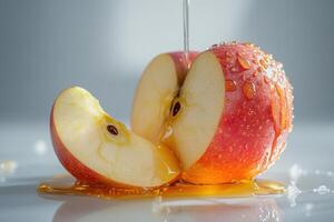Freshly sliced apple drizzled with honey showcasing vibrant colors and textures on a clean surface photo