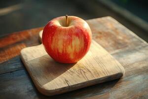 Fresh red apple resting on a wooden cutting board with natural light illuminating it photo