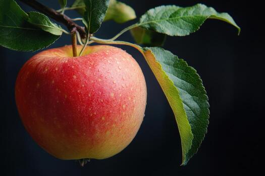 Freshly picked red apple hanging on a branch with green leaves against a dark background photo